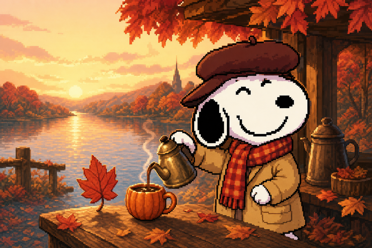 Snoffee in a beret and plaid scarf pouring coffee into a pumpkin mug beside an autumn lake at sunset