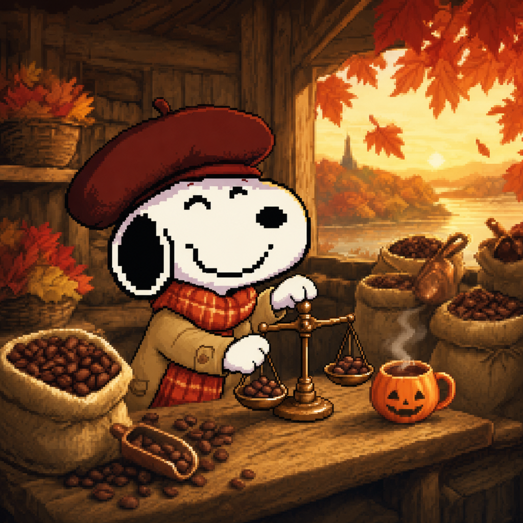 Snoffee weighing coffee beans on a brass scale in a wooden shop, autumn lake through the window